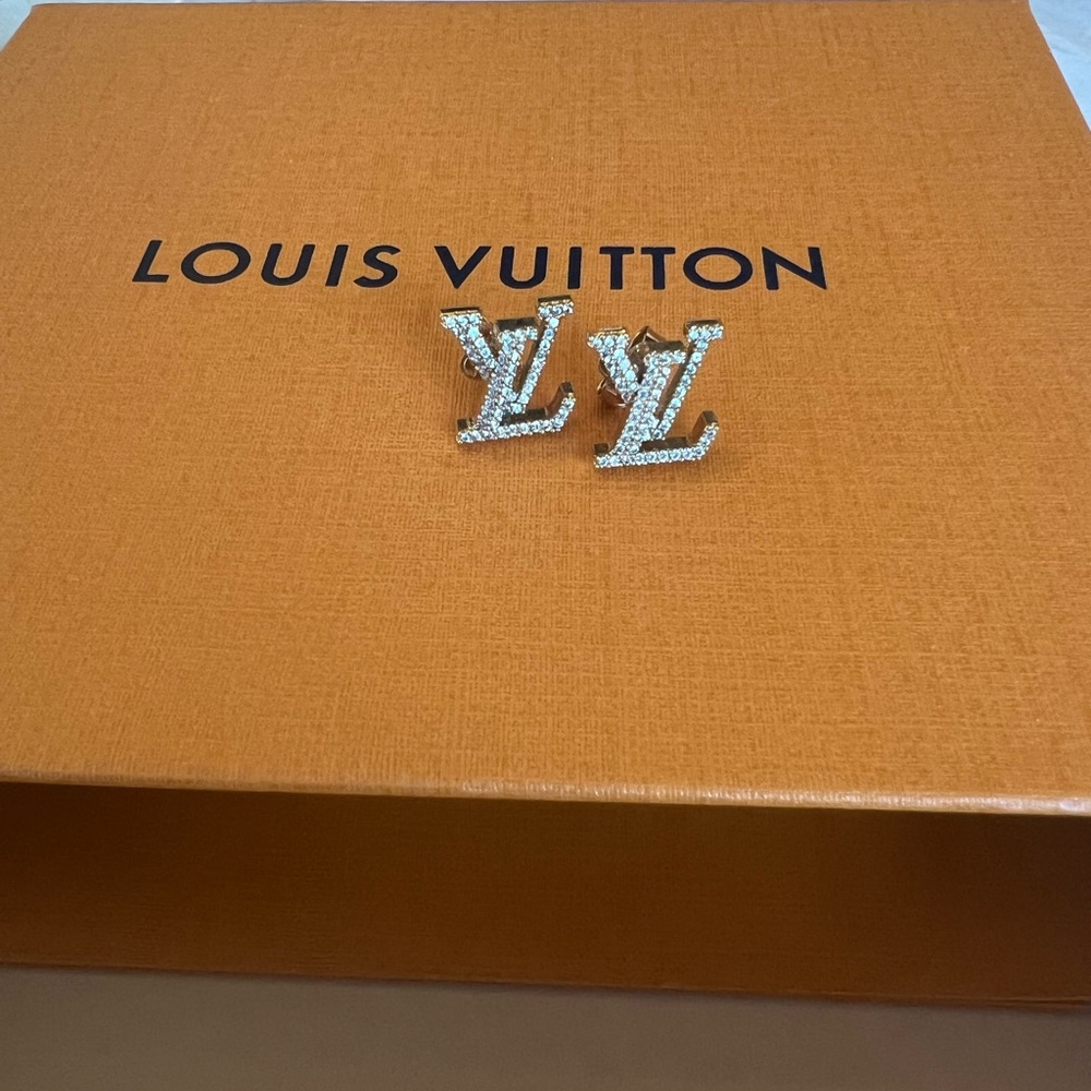 Authentic Louis Vuitton Iconic Gold and Clear Crystal LV Stud Earrings - Picture 3 of 5